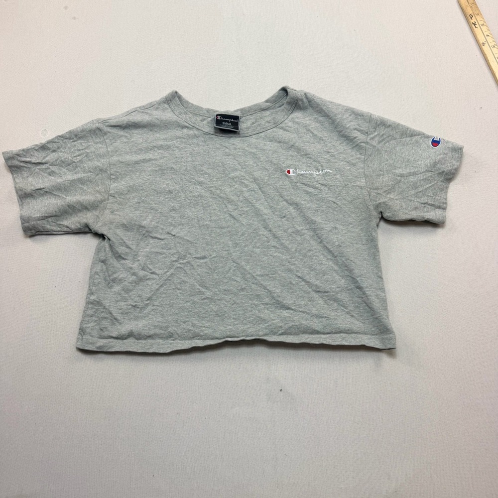 Champion T-Shirt Women Small Gray Excellent Cropped Script Logo Short Sleeve